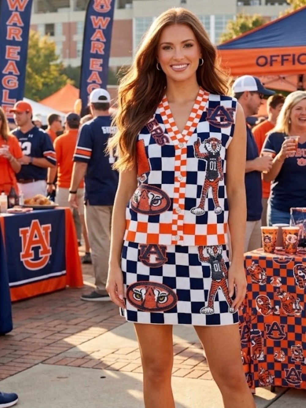 New! QUEEN OF SPARKLES Auburn University Checkered Sequin Vest & Skirt Set